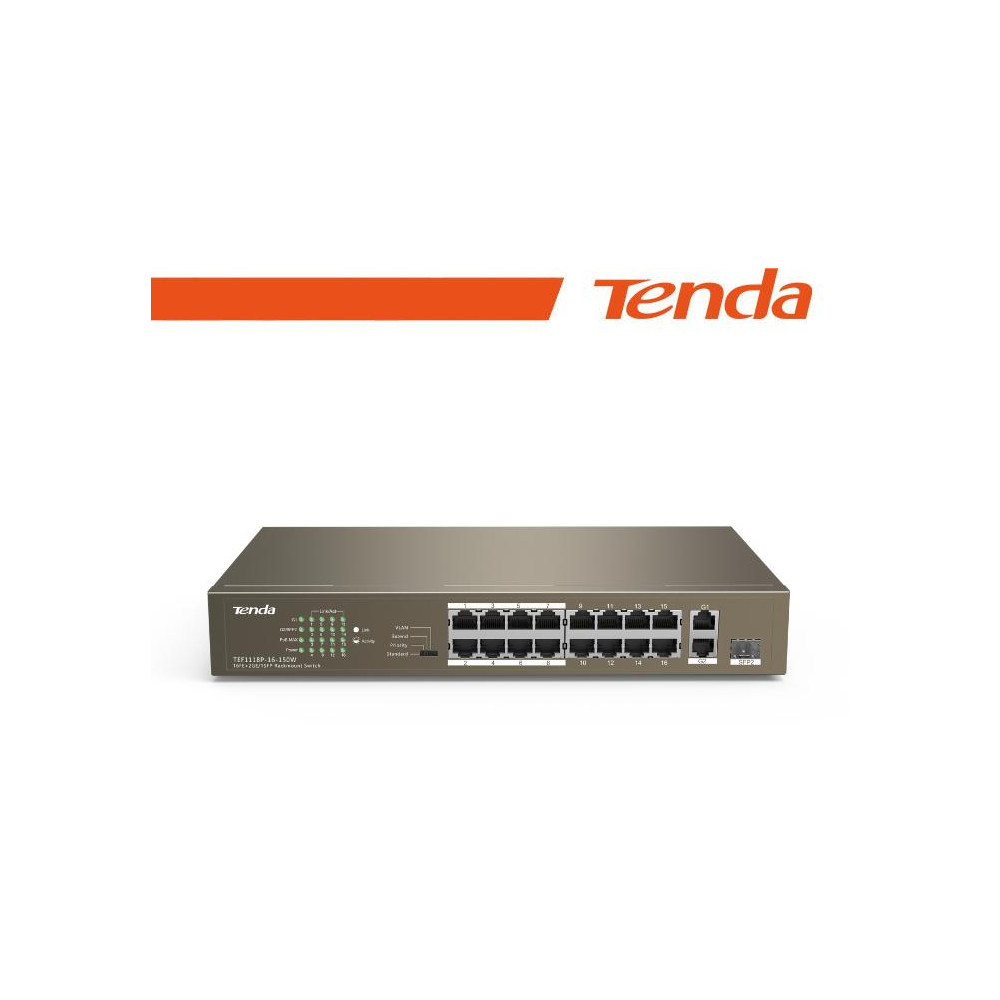 Tenda Switch 16-Ports PoE + 1 GE+1 SFP Unmanaged - TEF1118P-16-150W