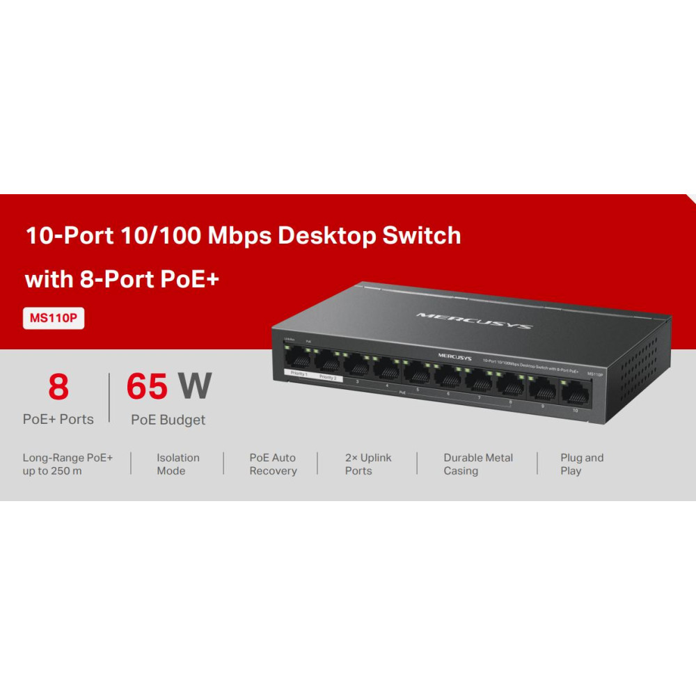 Switch Desktop 10 porte 10/100 PoE+  - Mercusys MS110P