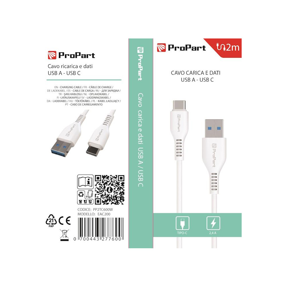 Cavo Carica e Dati Tipo-C 2.4 A. Lunghezza 2 metri Bianco