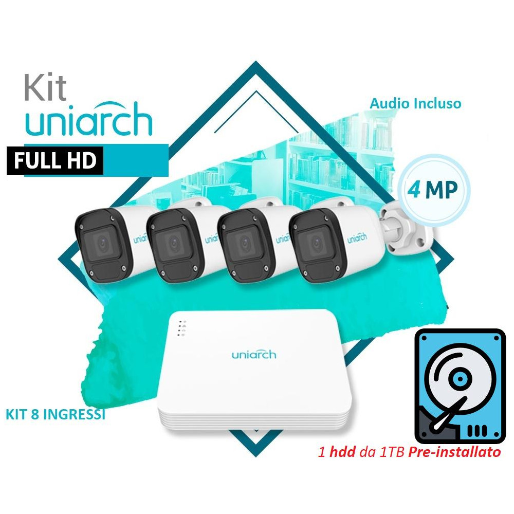 KIT UNIARCH 8 Canali PoE con 1 HDD installato,  4 Bullet 4MP